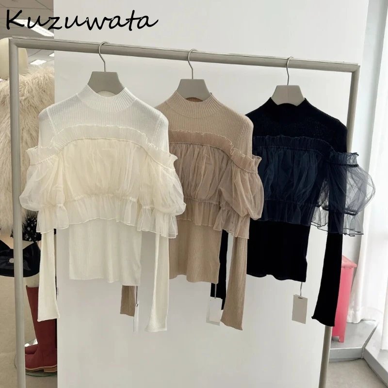 Kuzuwata Half-high Collar Long Sleeve Sweet Fresh Pullovers Patchwork Slim Fit Solid Voile Jumper Japanese New Fashion Knitwear