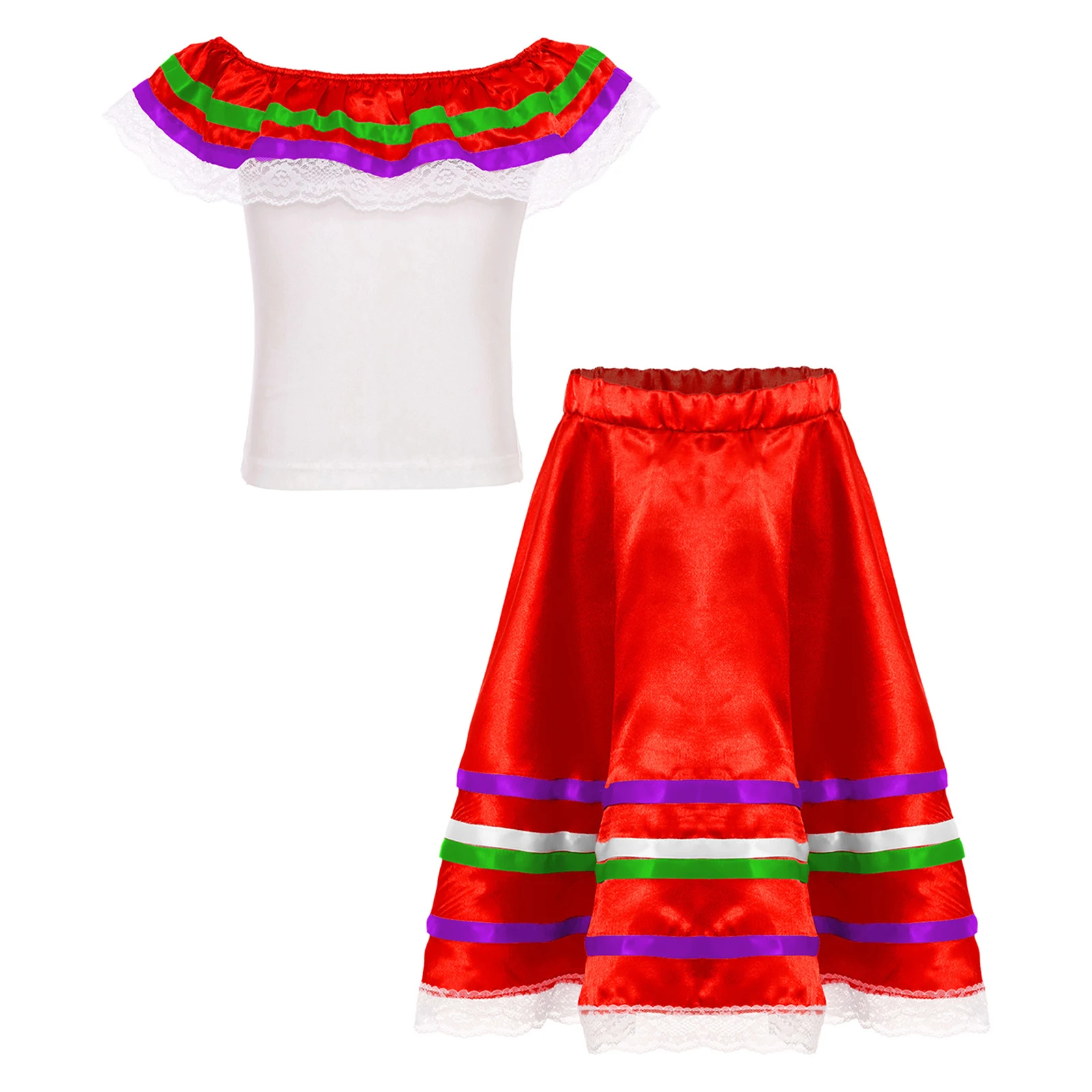 Kids Girls Colorful Mexican Traditional Dress Festival Dance Costume Top + Skirt Set for Mexico Themed Carnival Party Outfit