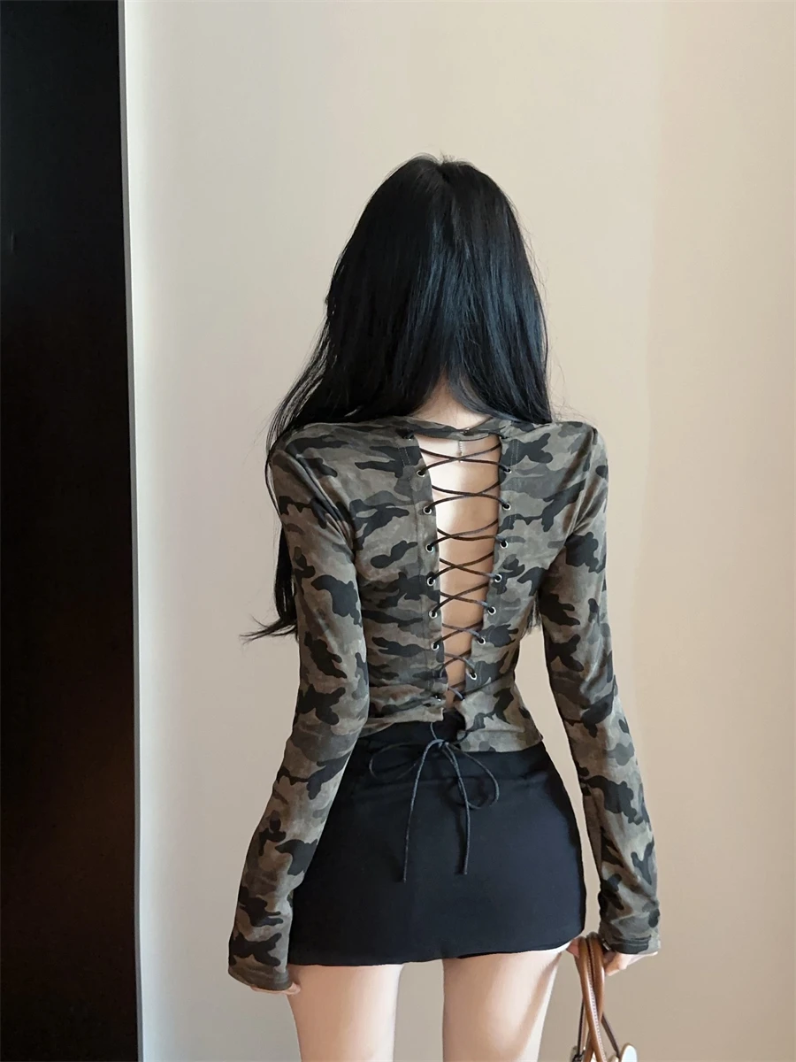 Camouflage Tops Women Backless Korean Zipper Ladies Elegant Fashion Casual Lace Up Crop Tops