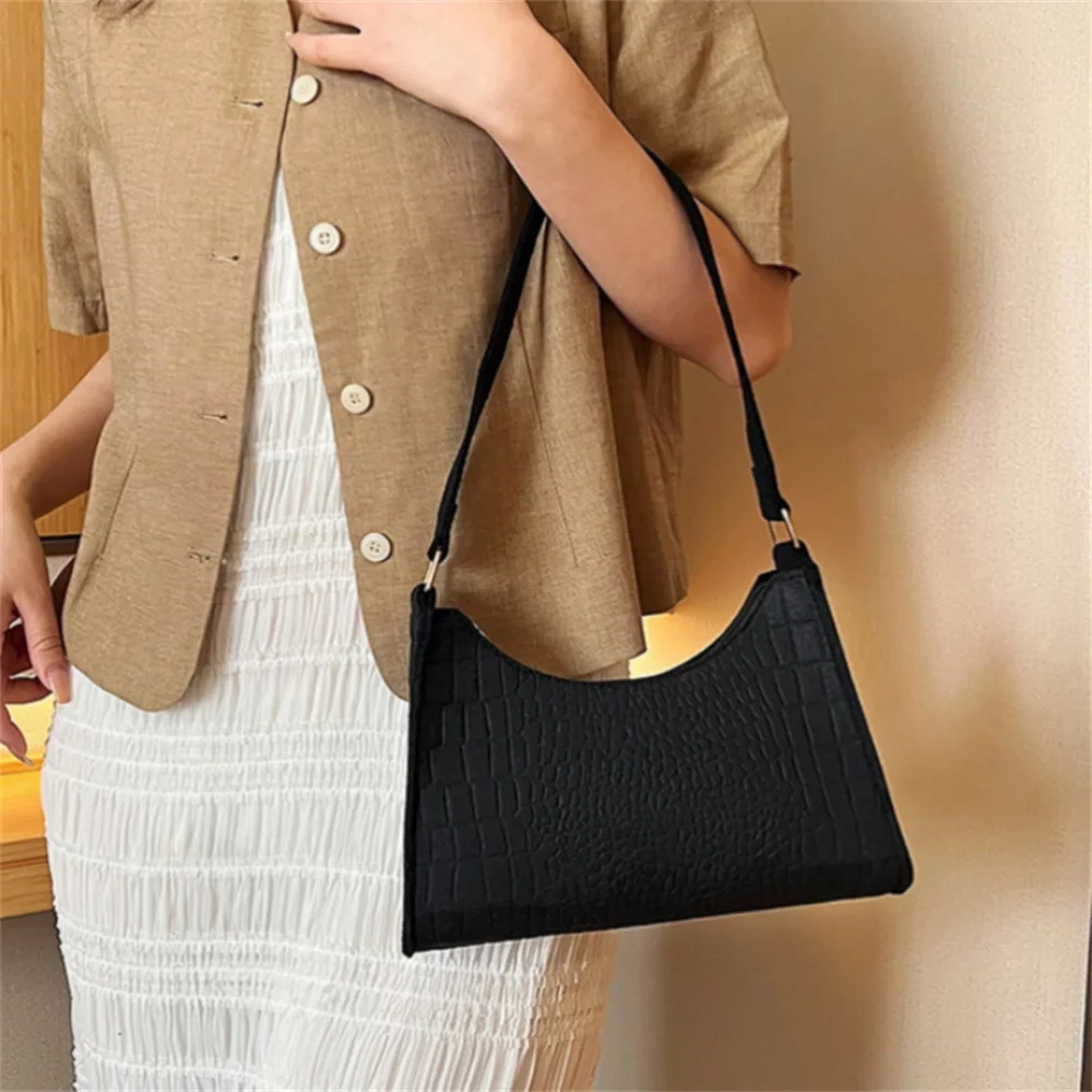 Fashion Women\'s Felt Fabric Underarm Bag Vintage Crocodile Pattern Shoulder Bag Solid Color Handbags Casual Solid Color Clutch