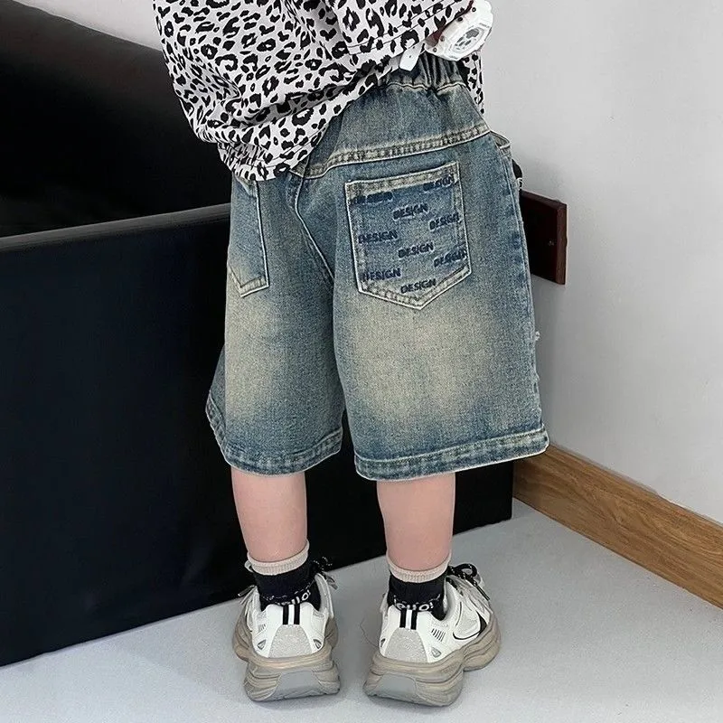 2026 Summer New Boys Denim Shorts Solid Color Fashion Hole Knee Length Jeans Pants For Teen Kids Casual Clothing 2-10 Years