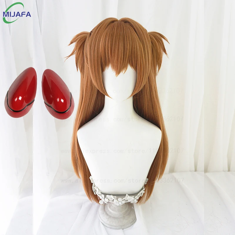 عالية الجودة Asuka Langley Soryu شعر مستعار تأثيري إيفا اثنين انفصال كليب ذيل حصان مقاومة للحرارة الاصطناعية الشعر أنيمي الباروكات + WigCap #1