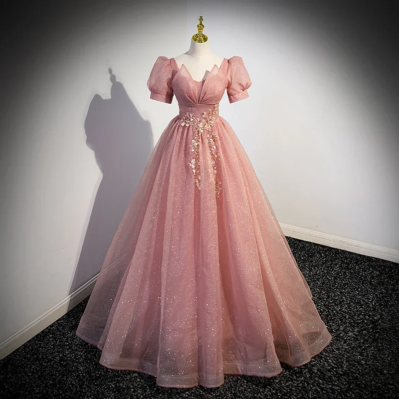 Evening Dress Short Sleeves Pleat Tulle A-Line Floor-Length Lace Up Pink Square Collar Sequins Party Formal Dresses Woman B2762