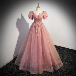 Robe de soirée en tulle plissé à manches courtes pour femmes, robes formelles à lacets, col carré rose, ligne A, robes de soirée à paillettes, B2762