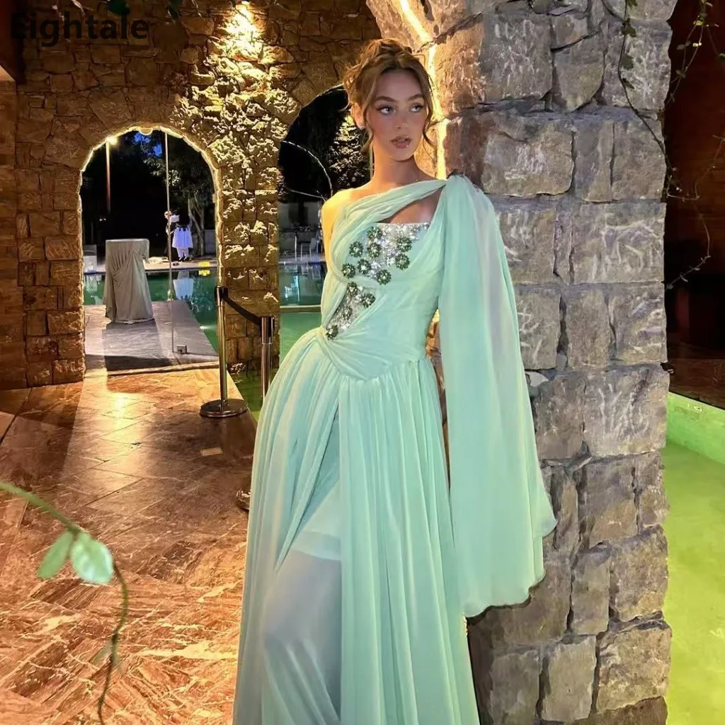 Eightale 2025 verde menta un hombro una línea de gasa Maxi vestido de noche Arabia Saudita vestido de fiesta Dubai vestido de fiesta personalizado