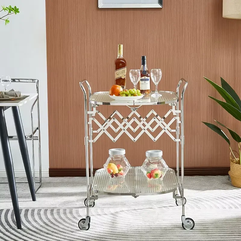 Fashion Rolling Wheel Storage Rack Glass Shelf Coffee Table Cart Folding Hotel Food Service Hand Carts Trolley