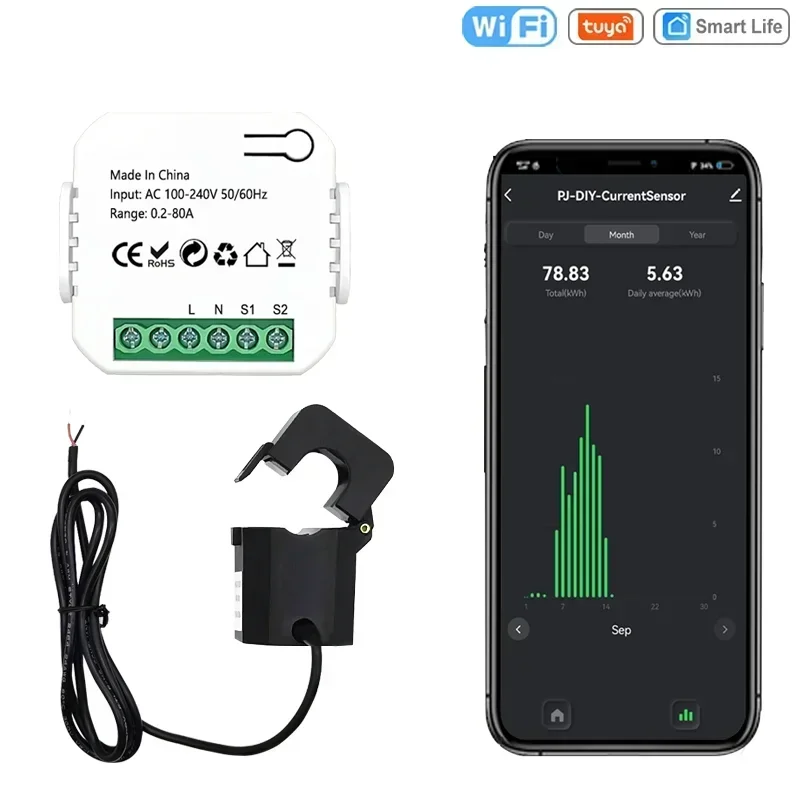 

Счетчик энергии Tuya Smart Life с Wi-Fi, 80 а, с трансформатором тока, зажимом, кВтч, монитором мощности, статистикой электроэнергии, 110 В, 240 в, Гц