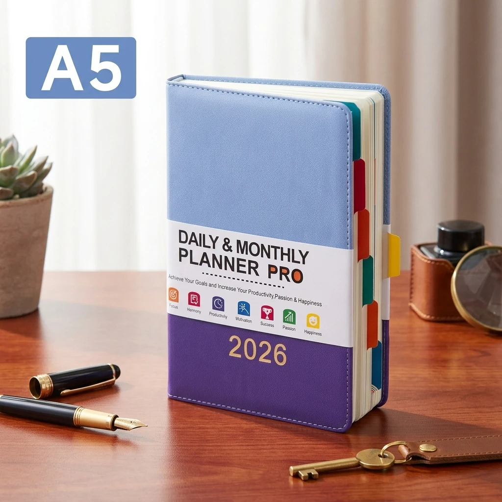 

A5 English Planner 2026 Daily Calendar Notebook with Protective Belly Band for Office Student Daily Planning Organization