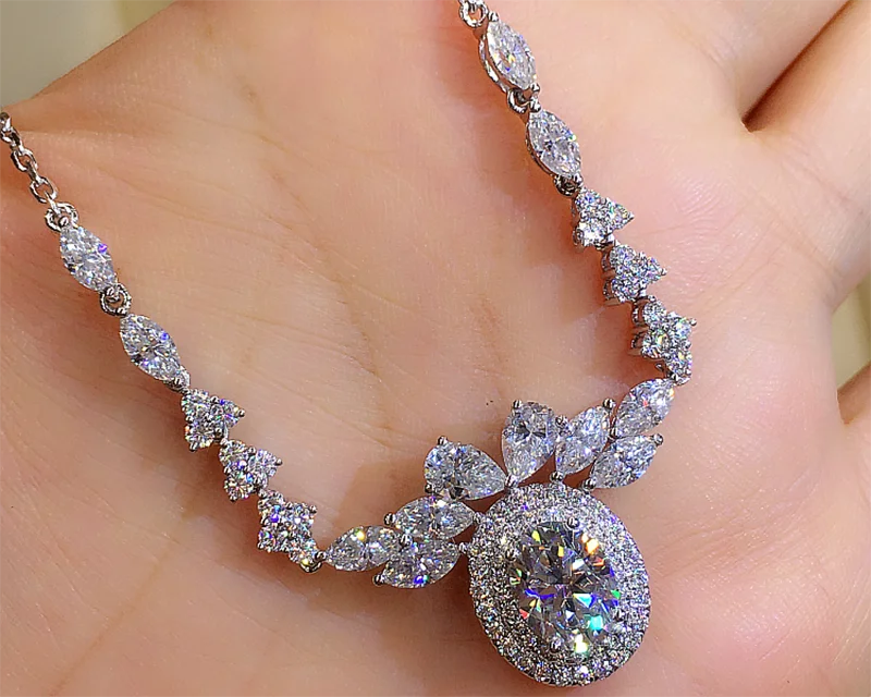 

Oval shape 3Carat Solid 18K White Gold Necklace DVVS1 Moissanite Diamonds Round Wedding Party Engagement birthday gift Neckla