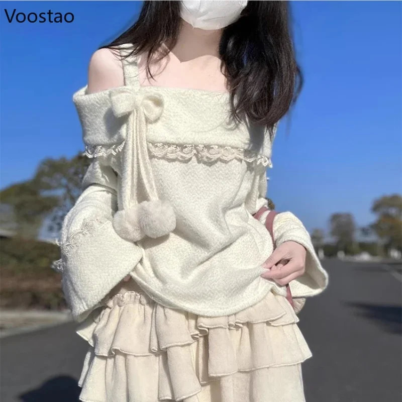 Japanese Lolita Style Knitted Pullovers Women Sweet Y2k Hairball Bow Slash Neck Sweater Autumn Kawaii Off Shoulder Jumpers Tops