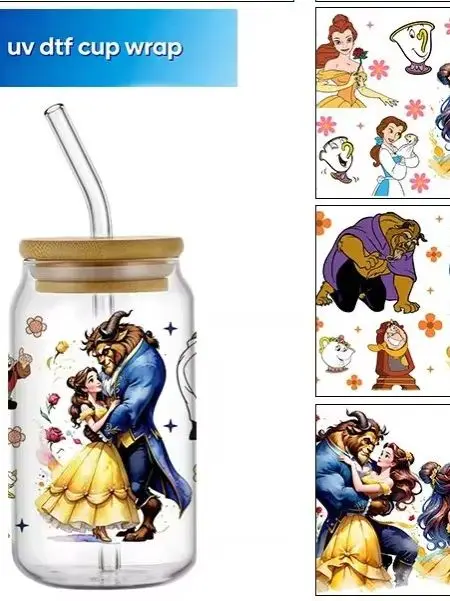 Vinilo decorativo para vasos con diseño de princesa de dibujos animados, protección UV DTF, para vasos Libbey de 16 oz, para café, venta al por mayor, adhesivo de transferencia 3D, decoración del hogar