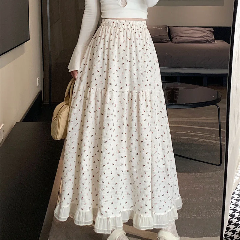 

Fashion White Floral Print High Waist Tiered Maxi Skirt Ruffle Hem Flowy Boho Skirt for Women Summer Beach Casual Outings