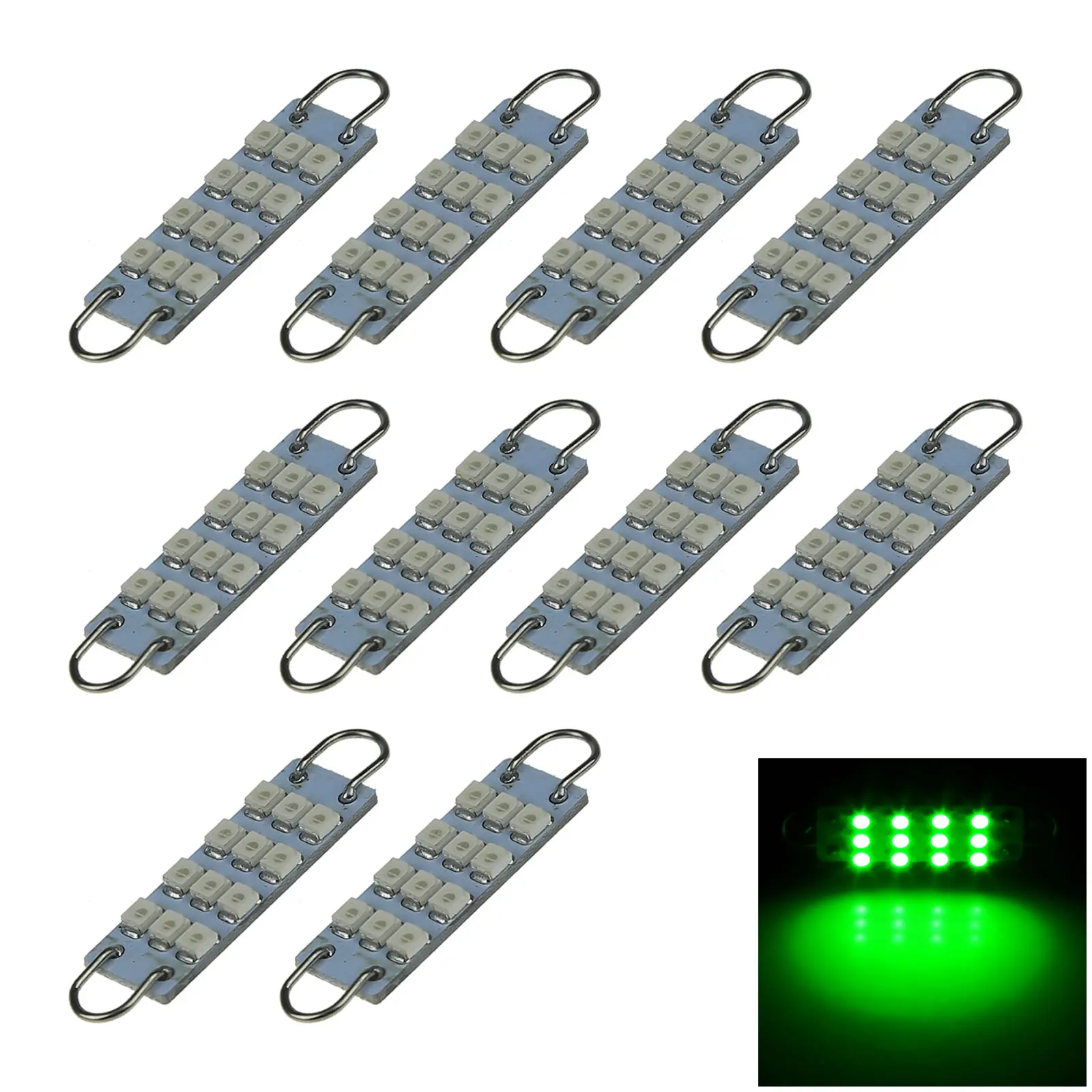 10x Green AUTO Rigid Loop Festoon Lamp Door Light 12 Emitters 1210 SMD LED 570 576 I501-G