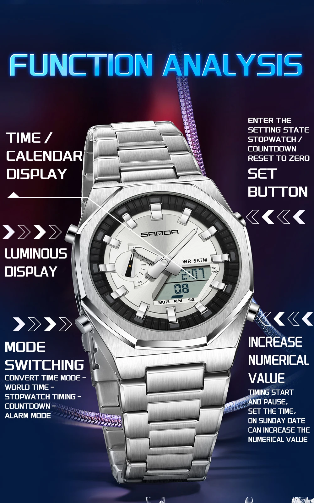 

Sanda 3376, модные мужские спортивные многофункциональные водонепроницаемые модные часы из нержавеющей стали со светодиодной подсветкой и двойным механизмом