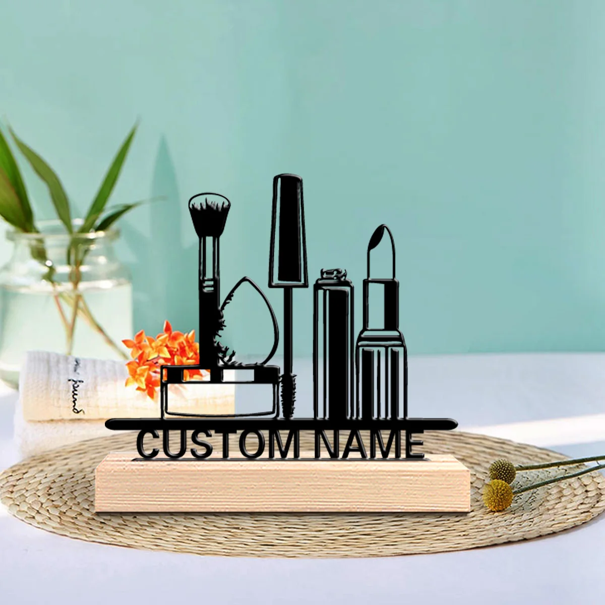 

1 шт., абстрактная красота, косметика, настраиваемая текст, железная статуя с деревянной основой, железная скульптура с именем, ремесленная с деревянной основой