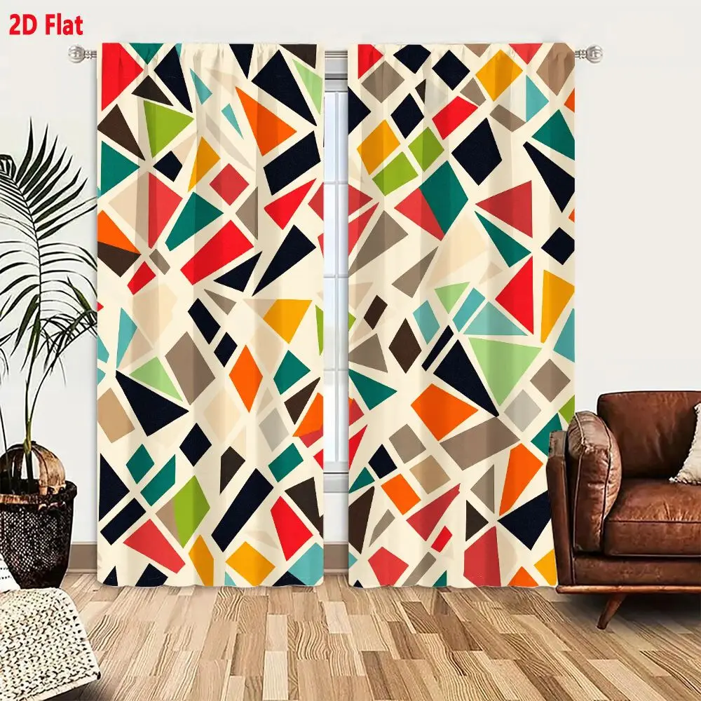 2Pcs Curtains 2D Flat Vibrant Geometric Pattern With Triangles And Quadrilaterals In Navy Blue Red Orange Lime Green Teal Brown