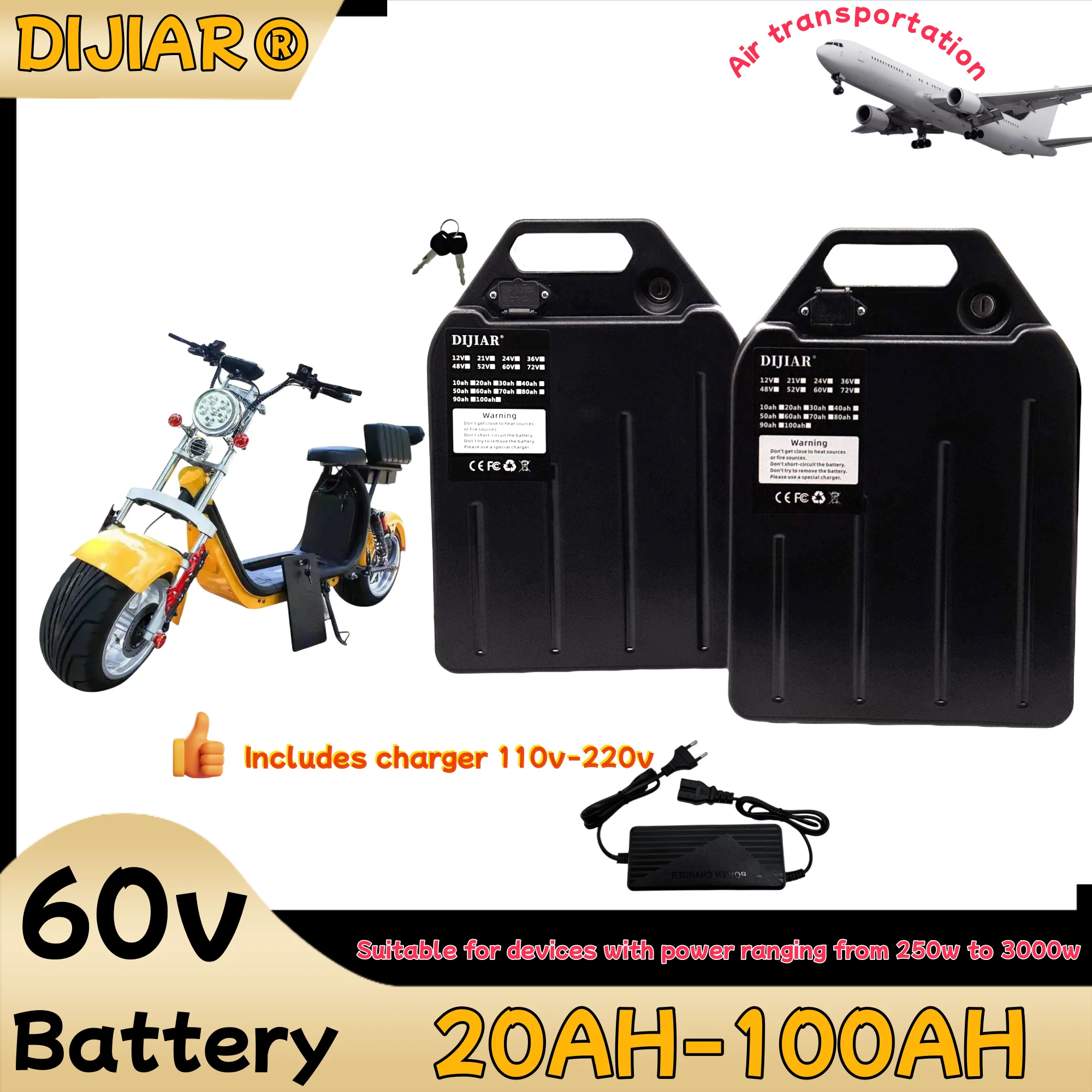 

18650 lithium-ion battery 60V 20AH-100AH electric motorcycle 250W~3000W suitable for Harley folding Citycoco electric scooter