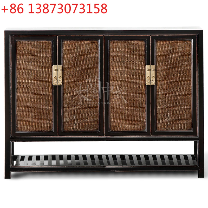 New Chinese-style entrance shoe cabinet solid wood antique simple rattan mat storage cabinet