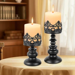 2pcs Distressed Black Candle Holders for Pillar Candles, Vintage Crown Candle Stands Decor, Tall Antique Metal Candle Holder Set