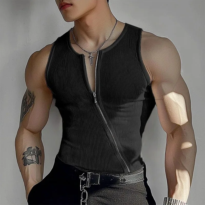 Men's Pit Strip Vest Nightclub Slim-fitting And Thin Slanted Full-open Zipper Solid-color Sleeveless Top