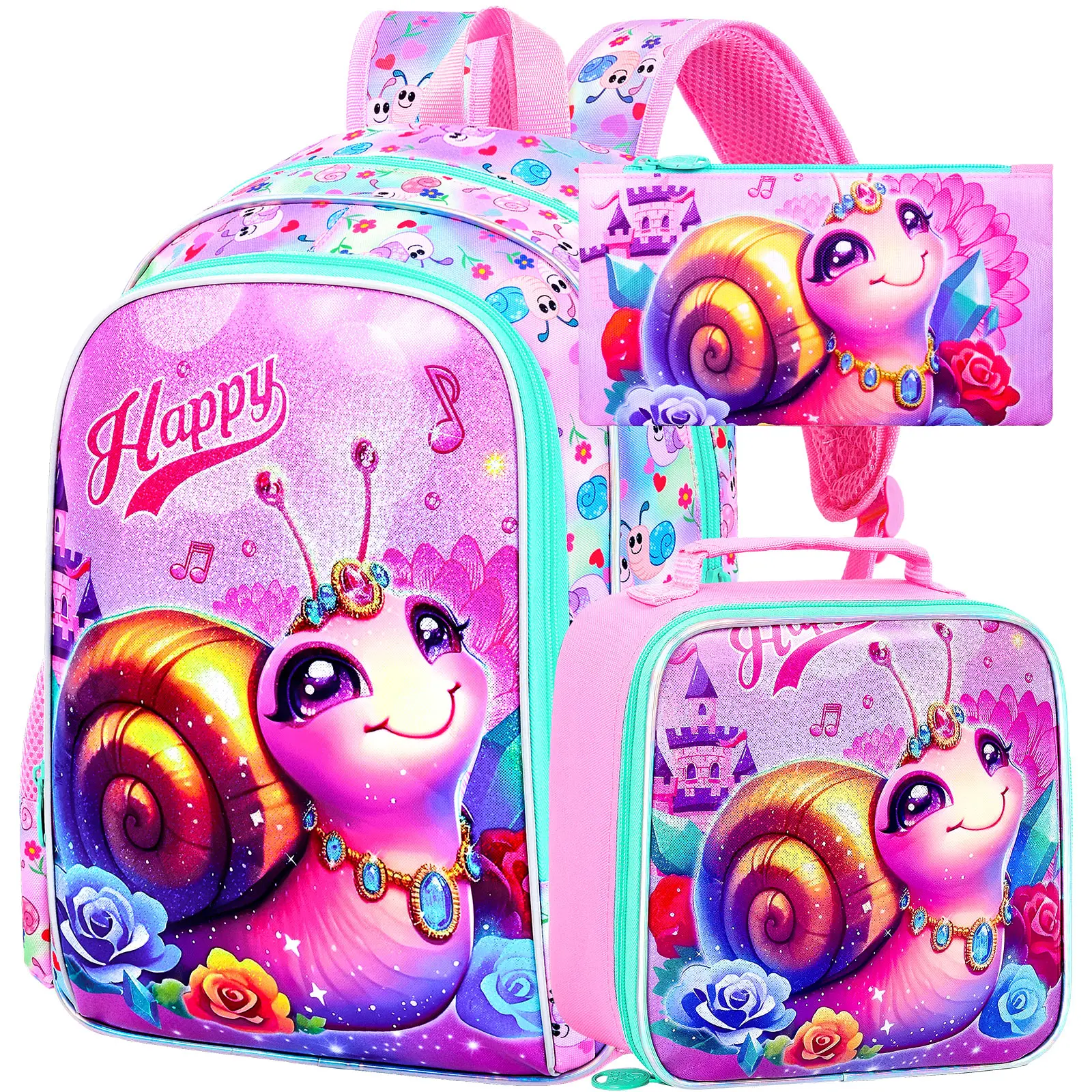 

3Pcs Backpack for Girls, 16" Kids Bookbag with Lunch Box，Snail School Backpacks for Elementary Preschool Kindergarten (Pink)