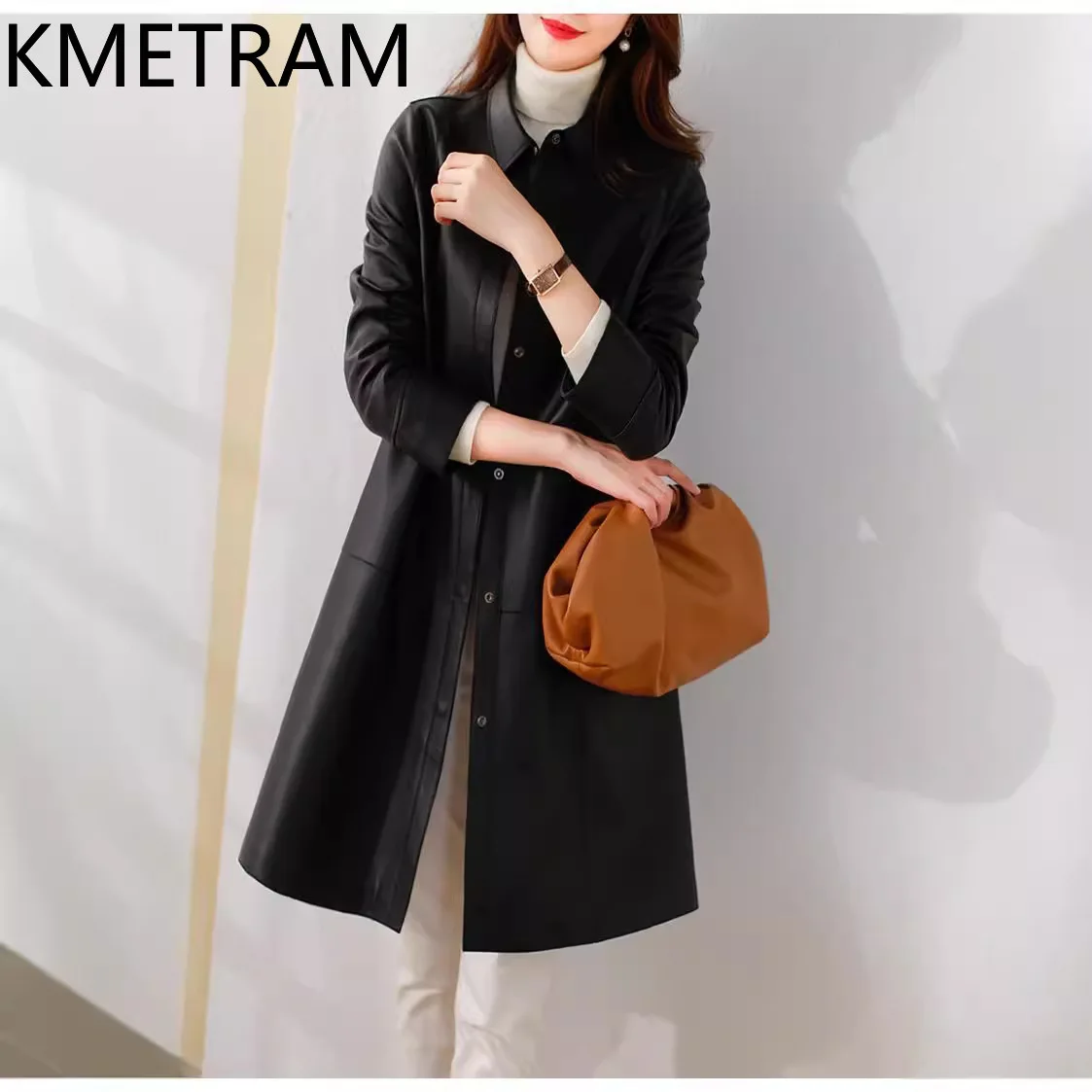 KMETRAM Genuine Sheepskin Leather Jacket Woman Mid-Length Slim Trench Coat New Autumn Jackets Women Clothes 2026 casaco feminino