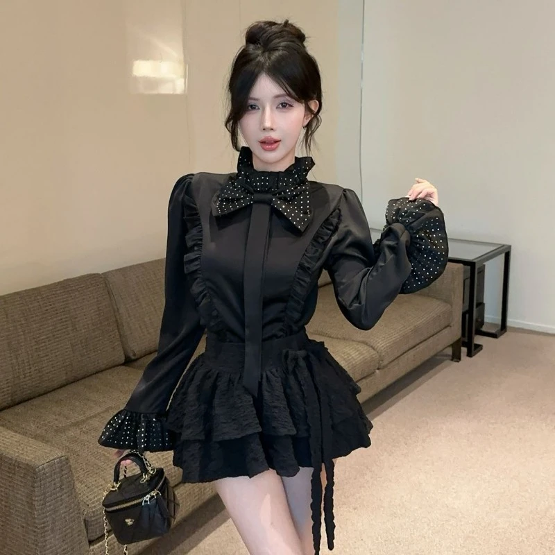 

Французский темперамент, тяжелая промышленность, тонкий топ с ромбовидным бантом, женская весенняя рубашка с воротником-стойкой и роговыми рукавами, универсальная рубашка с грибковым краем