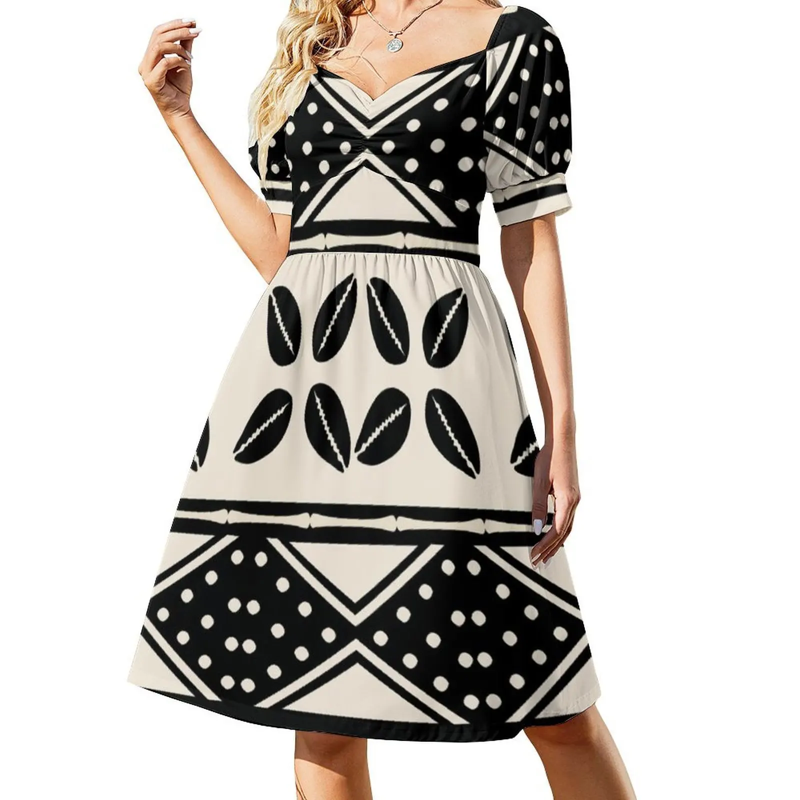 فستان بوهيمي عتيق بنمط قماش الطين التجريدي الأفريقي بأكمام منتفخة أو خيارات بدون أكمام للنساء فستان الفن الأفريقي الأفريقي #2