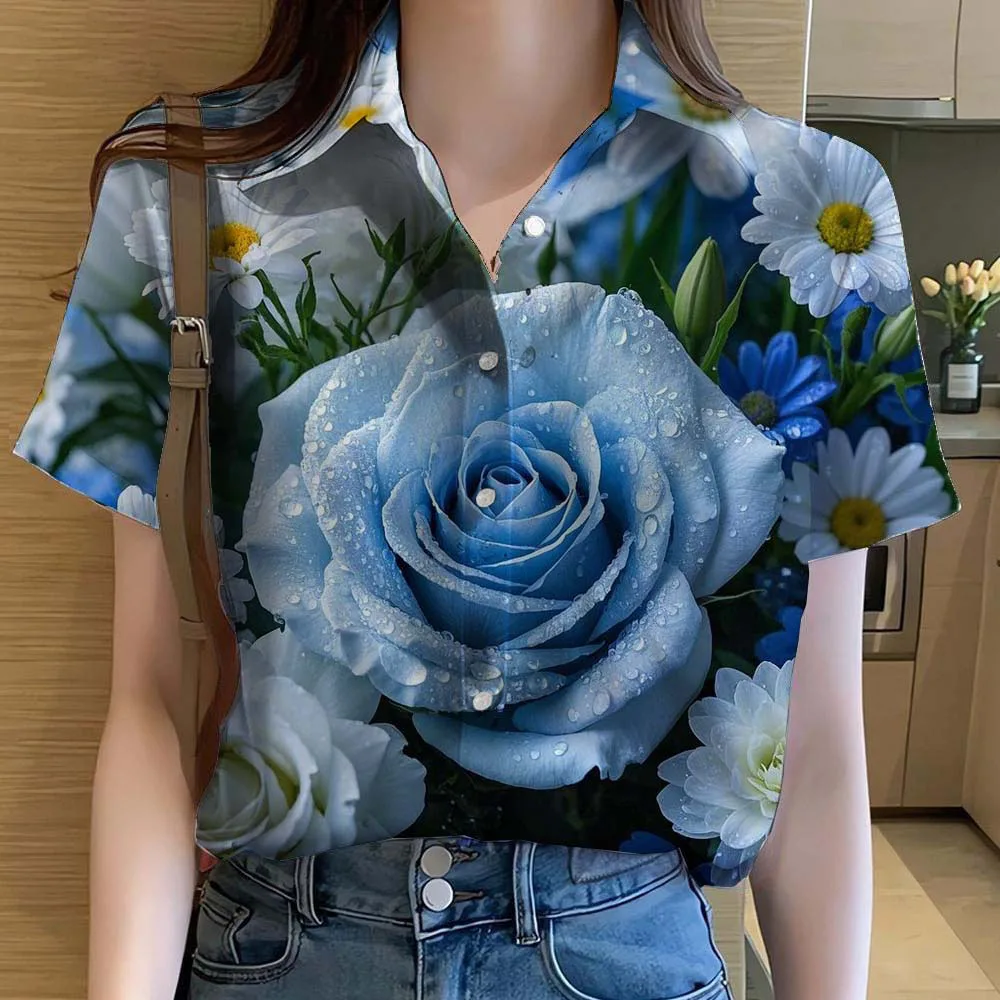 Womens Shirts Short Sleeve Button Floral rose 3D Printed Casual Beach Shirt Summer New unflower Blouse Y2k Women's Clothes