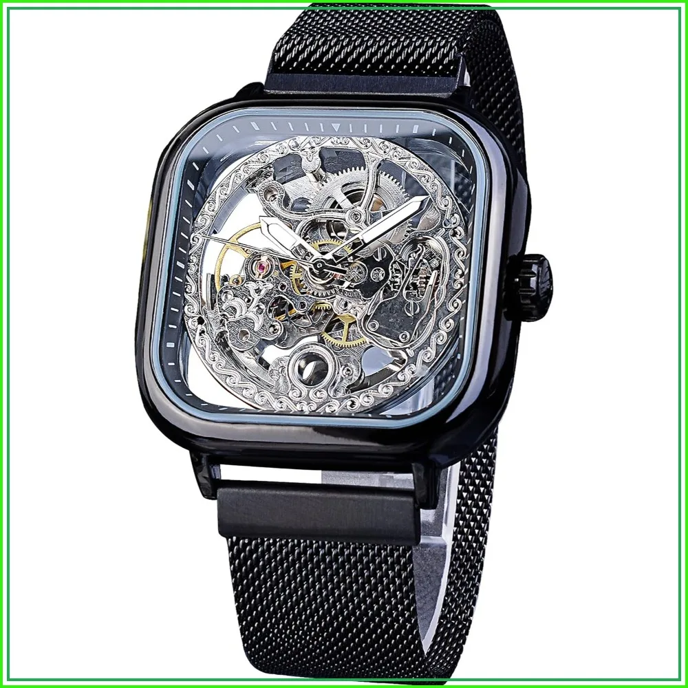 Men's Automatic Skeleton Watch with Transparent Dial and Royal Flower Carving, Stainless Steel, Golden