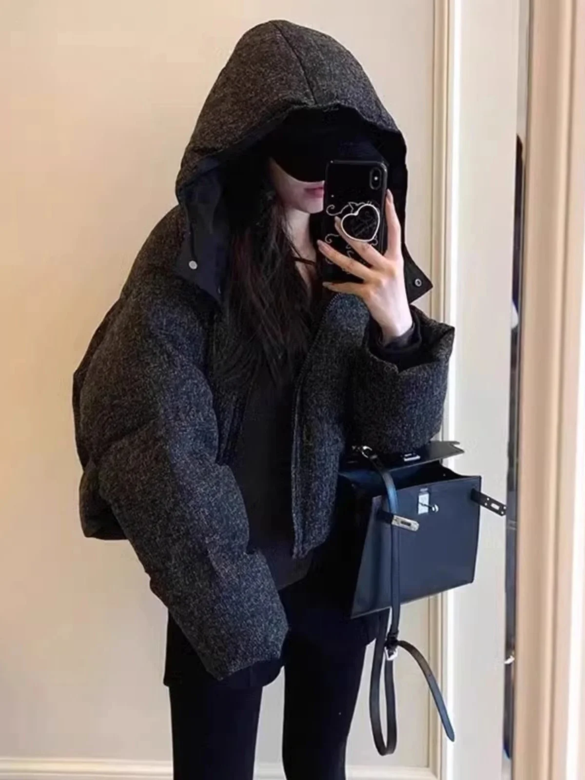 

Elegant Black Short Cotton Jacket for Women Winter 2024 New Fashion Hat Design Korean Style Commute Pure Color Zipper Closure