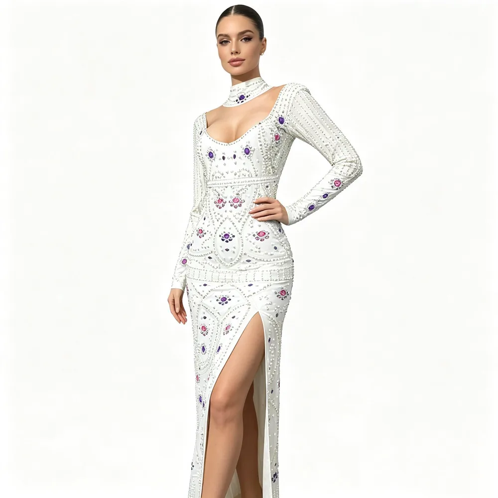 White Pearl Rhinestones Birthday Split Long Dress Bar Singer Host Concert Wedding Dresses Stage Wear Nightclub Party Costume