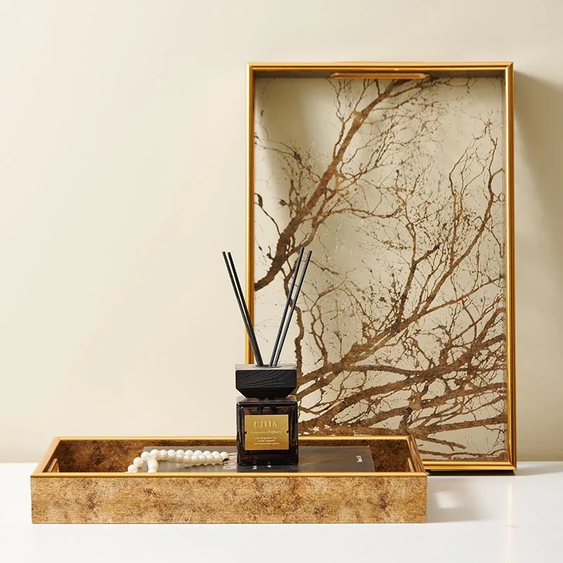 European light luxury gold rectangular transparent bottom dense branch tray,desktop storage plate decorative ornament