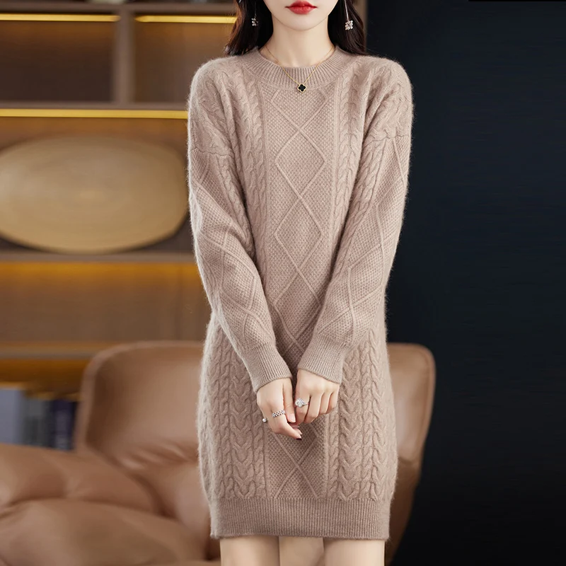 Autumn And Winter Mink Cashmere Sweater With Female Semi-Circular Collar Long Slim Sweater With Wool Knitted Bottoming Shirt