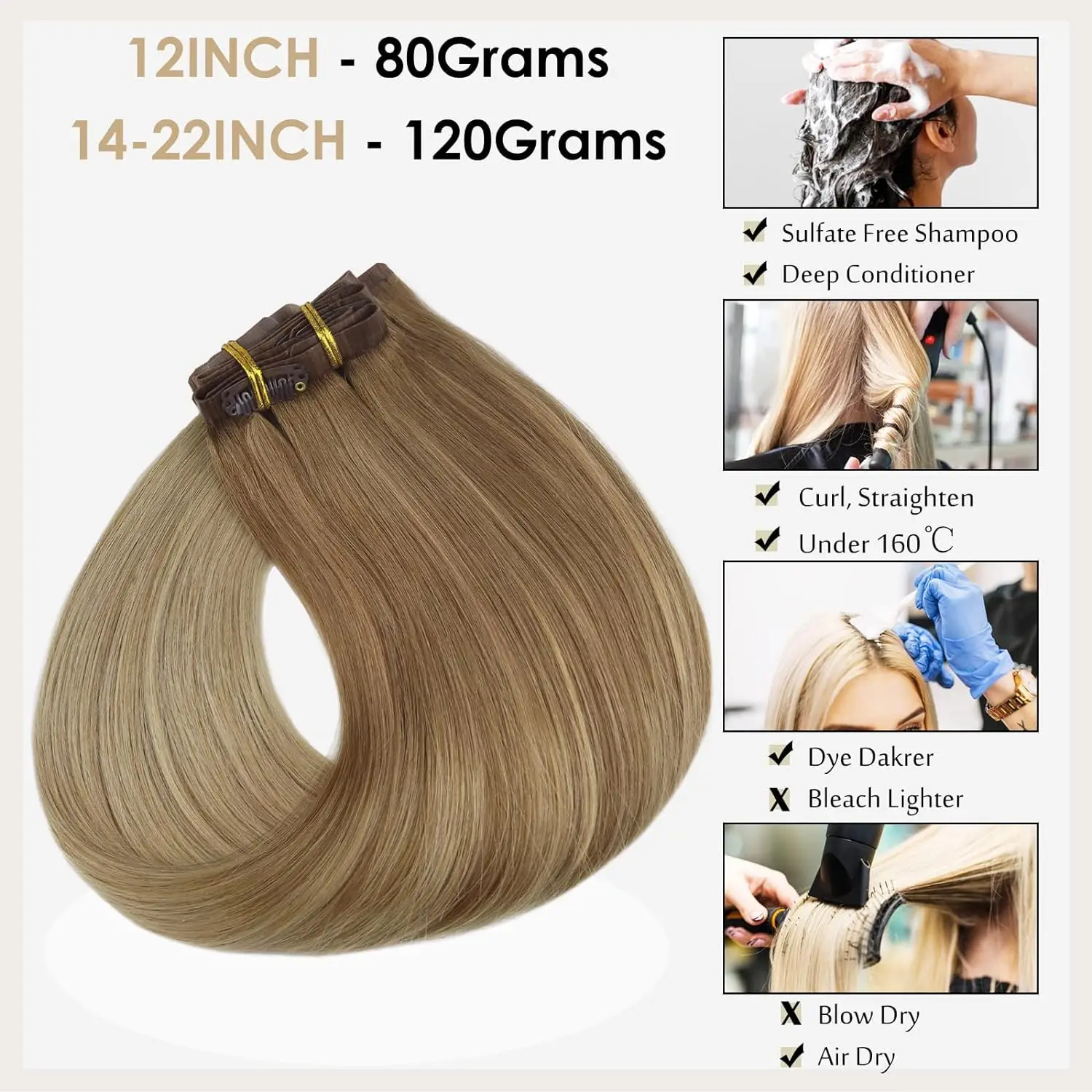 Full Shine Seamless Clip in Hair Extensions Remy Human Hair 8Pcs 120g & 80g Clip In Hair Extensions Human Hair Blonde Skin Weft