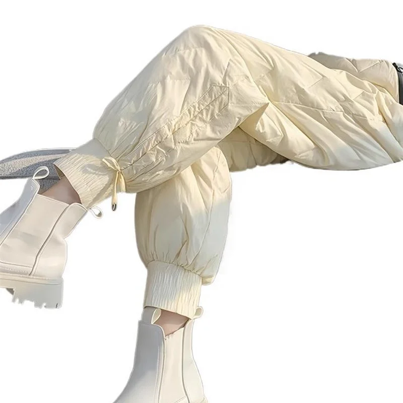 

Зимние модные пуховые брюки с высокой талией для женщин, прямые длинные брюки из хлопка/пухового смесового материала с эластичным поясом