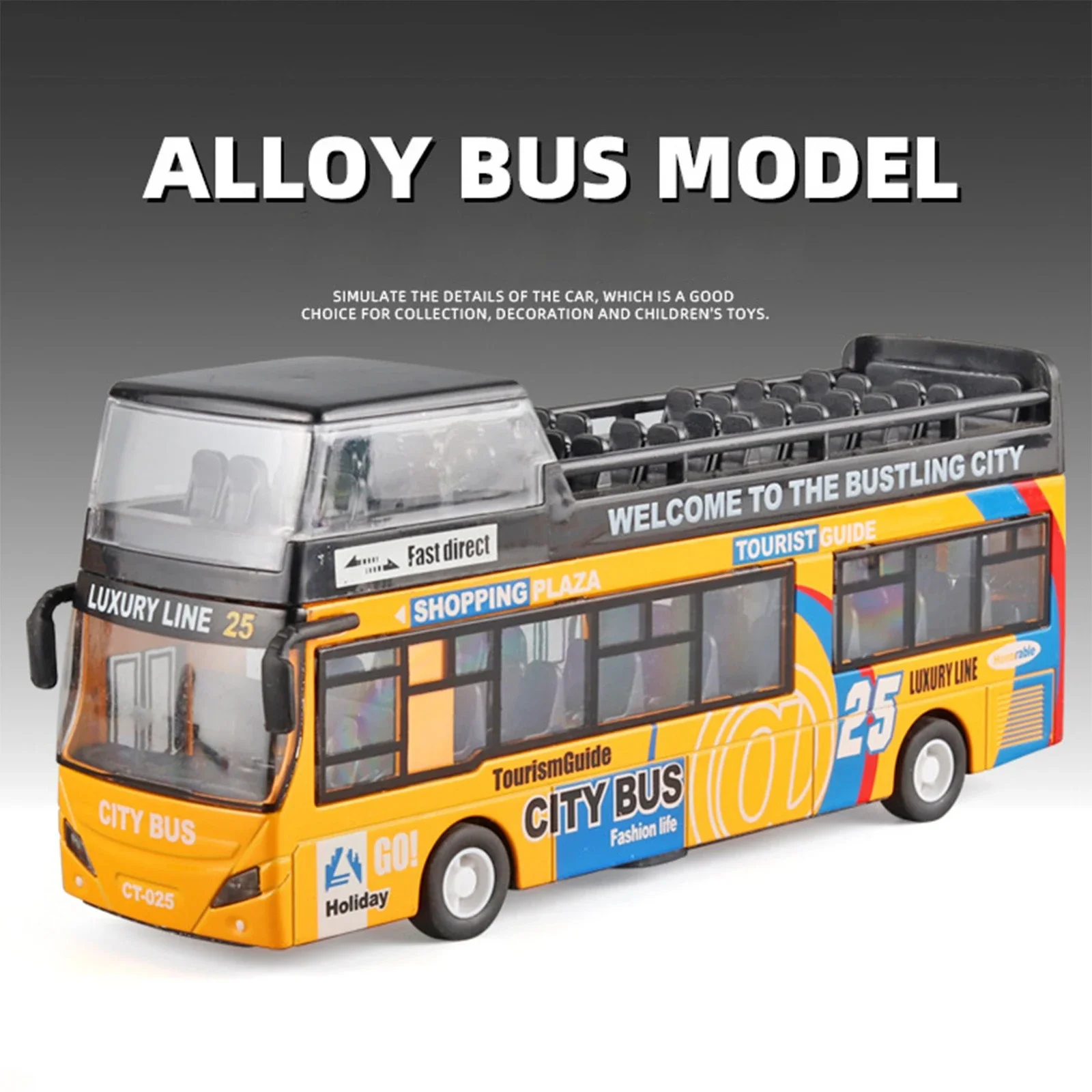 

Double Decker Sightseeing Bus Alloy Car Model Simulation Diecast City Tourist Vehicle Toys Sound Light Collection Kids Gift