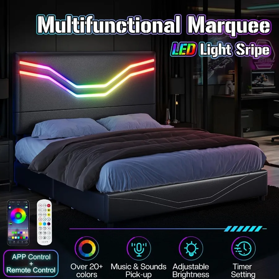 إطار سرير بمنصة بحجم كوين مع أضواء LED و4 أدراج تخزين ولوح رأسي منجد من الجلد بدون صندوق سرير ألعاب زنبركي