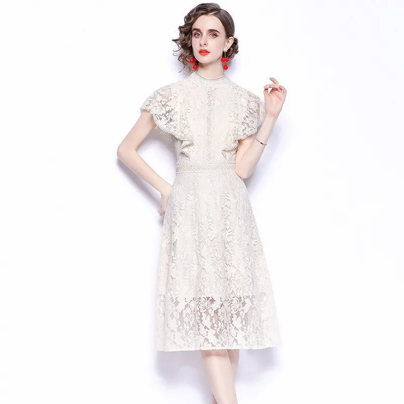 Women's Lace Floral Elegant Cocktail Dresses Ladies High Crew Neck Ruffle Cap Sleeve Fall  Summer A-Line Midi Dress High Quality