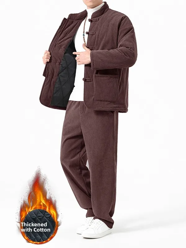 

Утепленный хлопковый зимний комплект из двух предметов для мужчин: повседневная одежда в новом китайском стиле Тан, модный городской мужской костюм