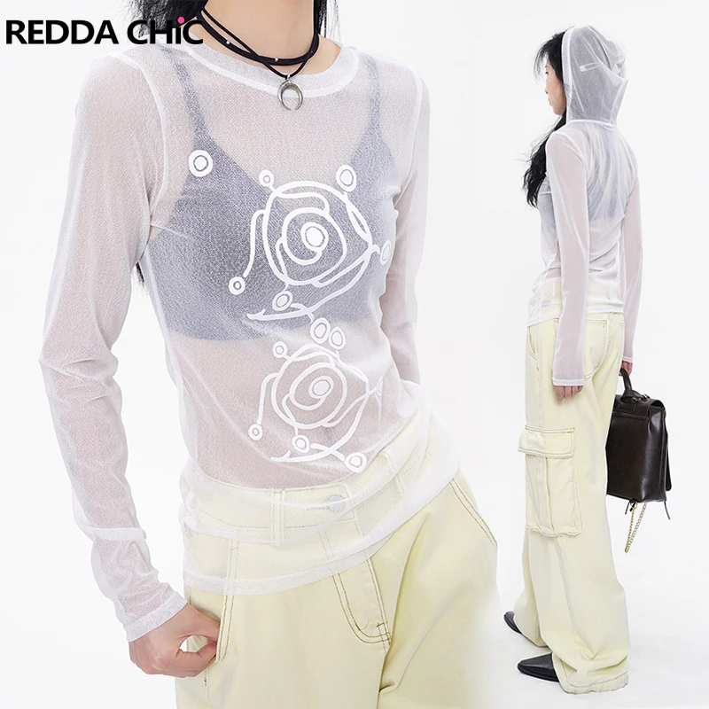 ReddaChic Aesthetic Y2k Women Sunscreen T-shirt with Hood Retro Sheer Swirl Pattern Long Sleeves Pullover Top Korean Streetwear