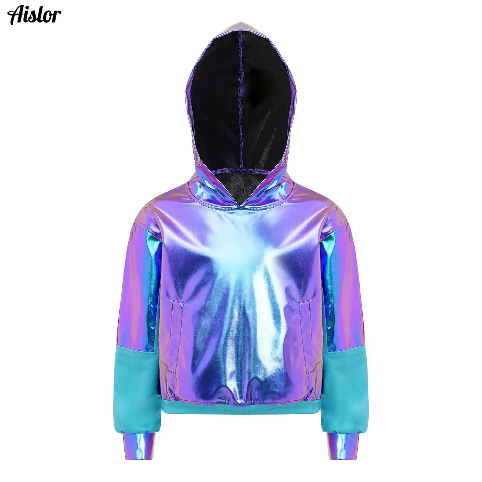 Kids Boys Girls Hoodie Metallic Shiny Long Sleeve Hooded Pullover Sweatshirt for Hip-hop Jazz Street Dance Top Stage Performance