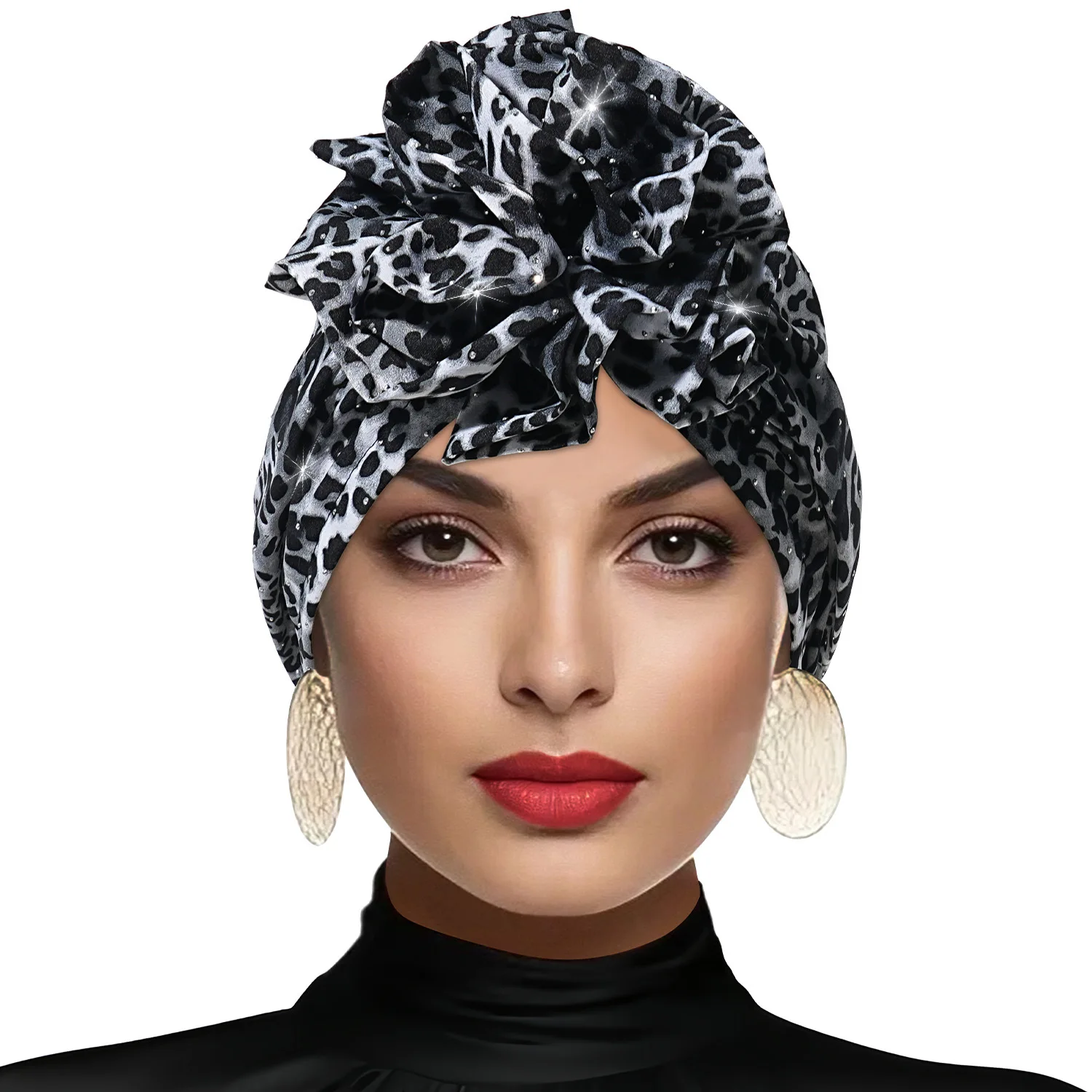 New African Leopard Print Diamonds Turban Floral Beanie Pre Tied Front Knot Elastic Head Wrap Elegant Women Bandana Headwear