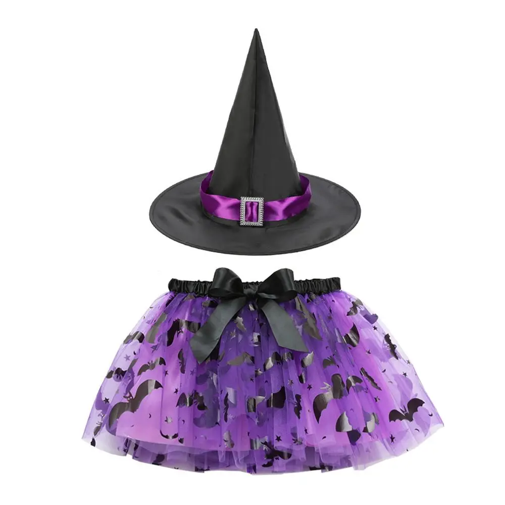 3Pcs/set Wizard Childern Halloween Costumes Pointy Hat Bright Color Kids Witch Dress Set Short Skirt Costume Cosplay Props