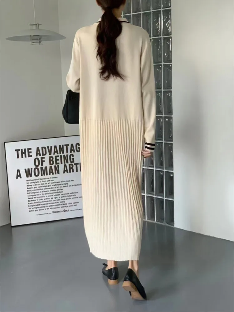 Women\'s Loose Elegant Vintage Knitted Dress, Lapel, Contrast Color, Mid-Length Skirt, Autumn And Winter Clothes, New Temperament