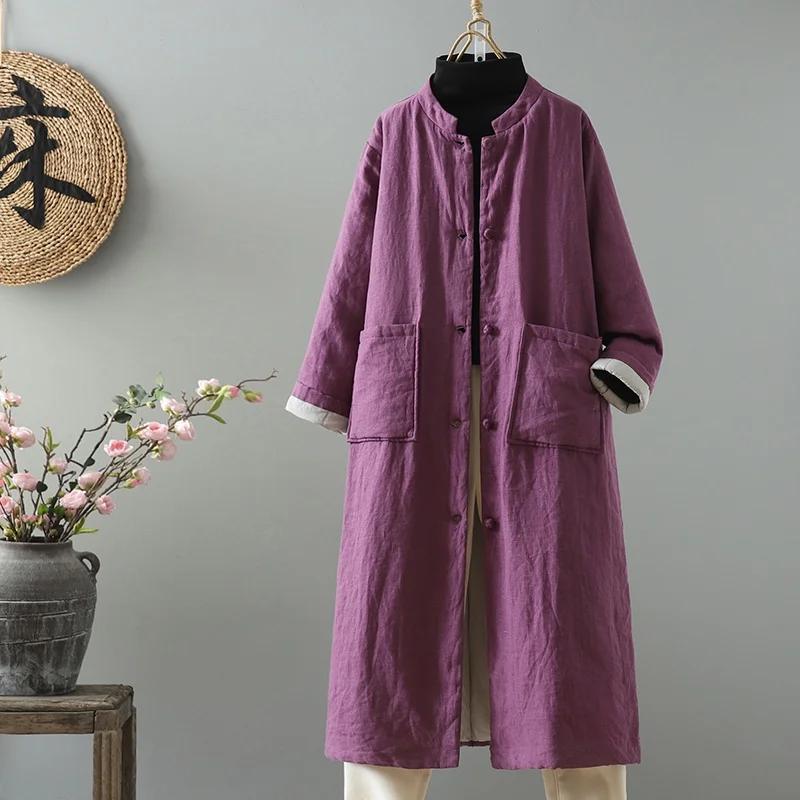 Retro Washed Linen Thickened Cotton Jacket Chinese Style Buttoned Long Coat Winter New Arrival Women's Casual Outerwear