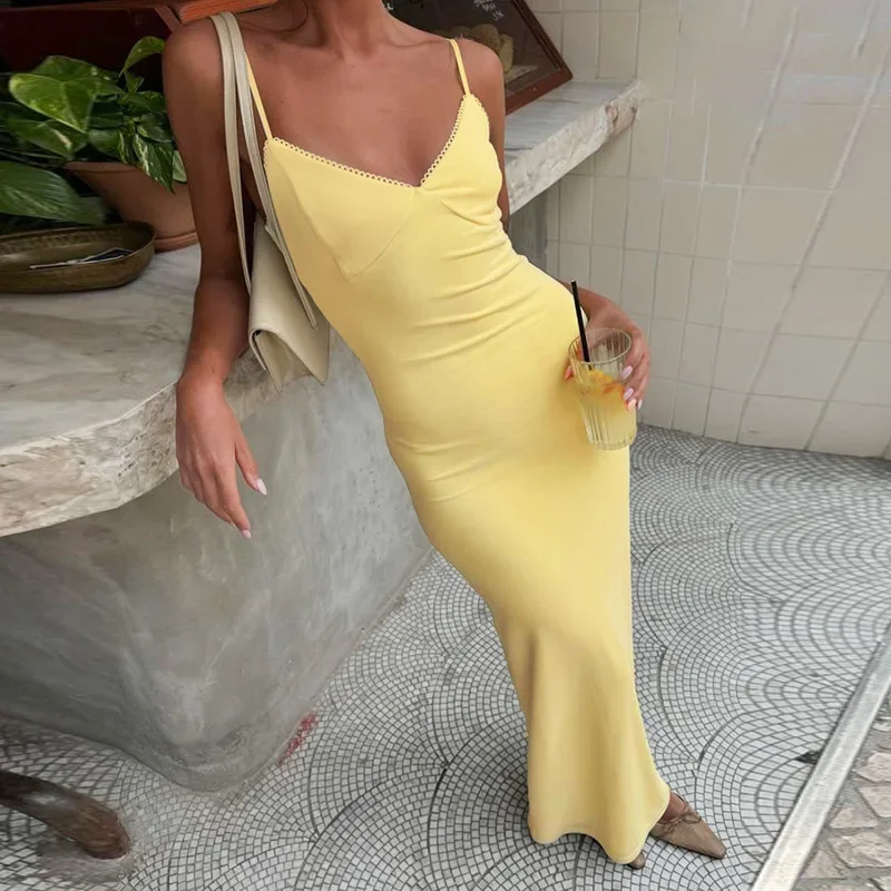 

All Match Skinny Adjustable Strap Long Dresses Women Bodycon V-Neck Slim Long Dress Elegant Solid Color Suspender Holiday Dress