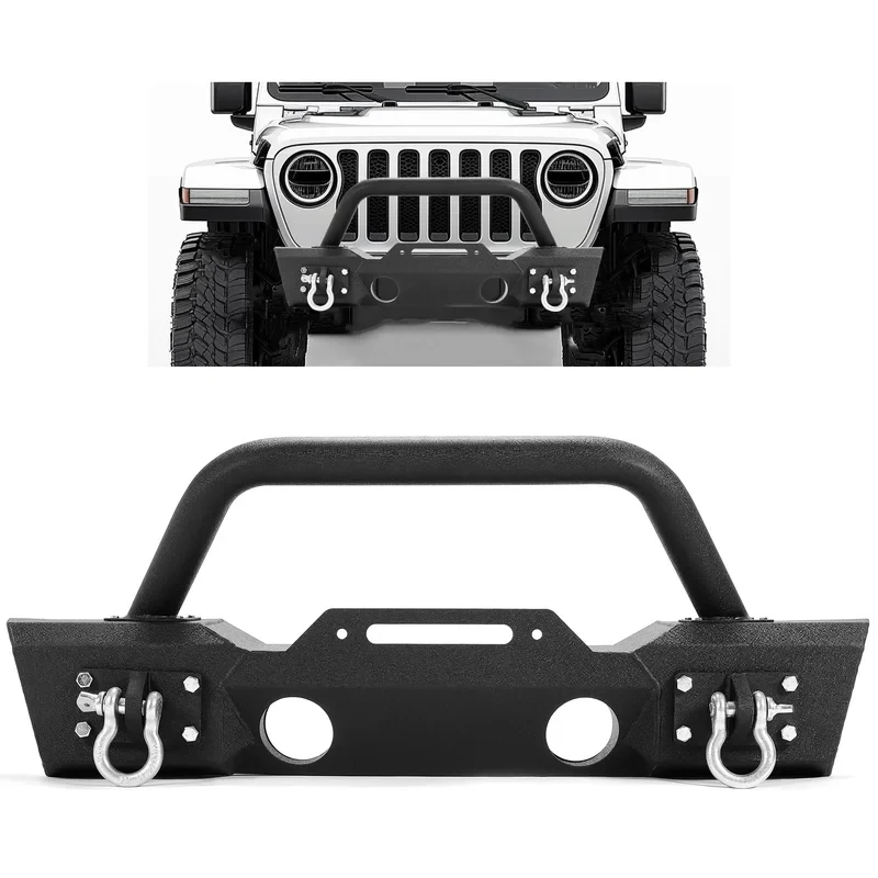 Front Bumper Compatible With 2007-2024 JK JL Gladiator JT/Fog Light Housing & D-Rings Steel Powder Coated Black