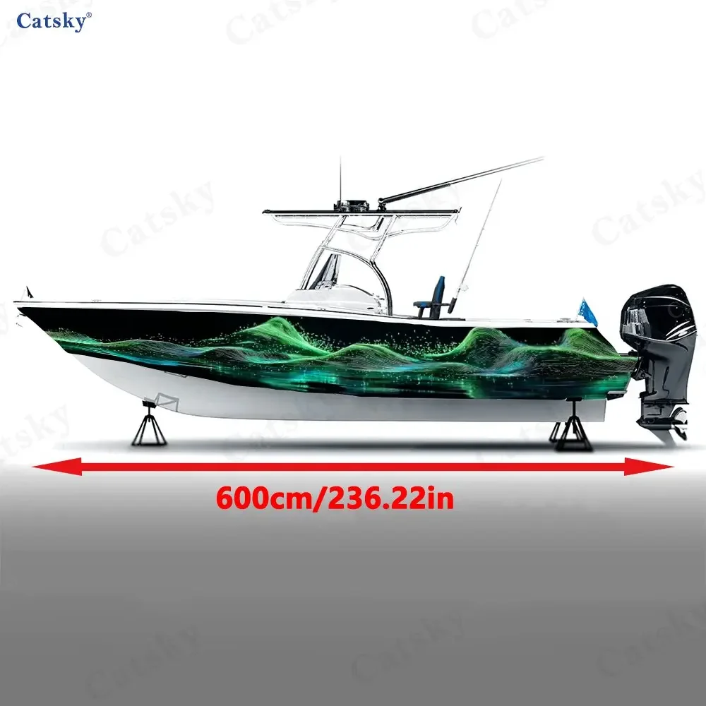 2Pcs Boat Graphic Wrap Sticker, Aurora Mountain Green Light Design, Waterproof Material, Suitable for Yachts Recreational Boats