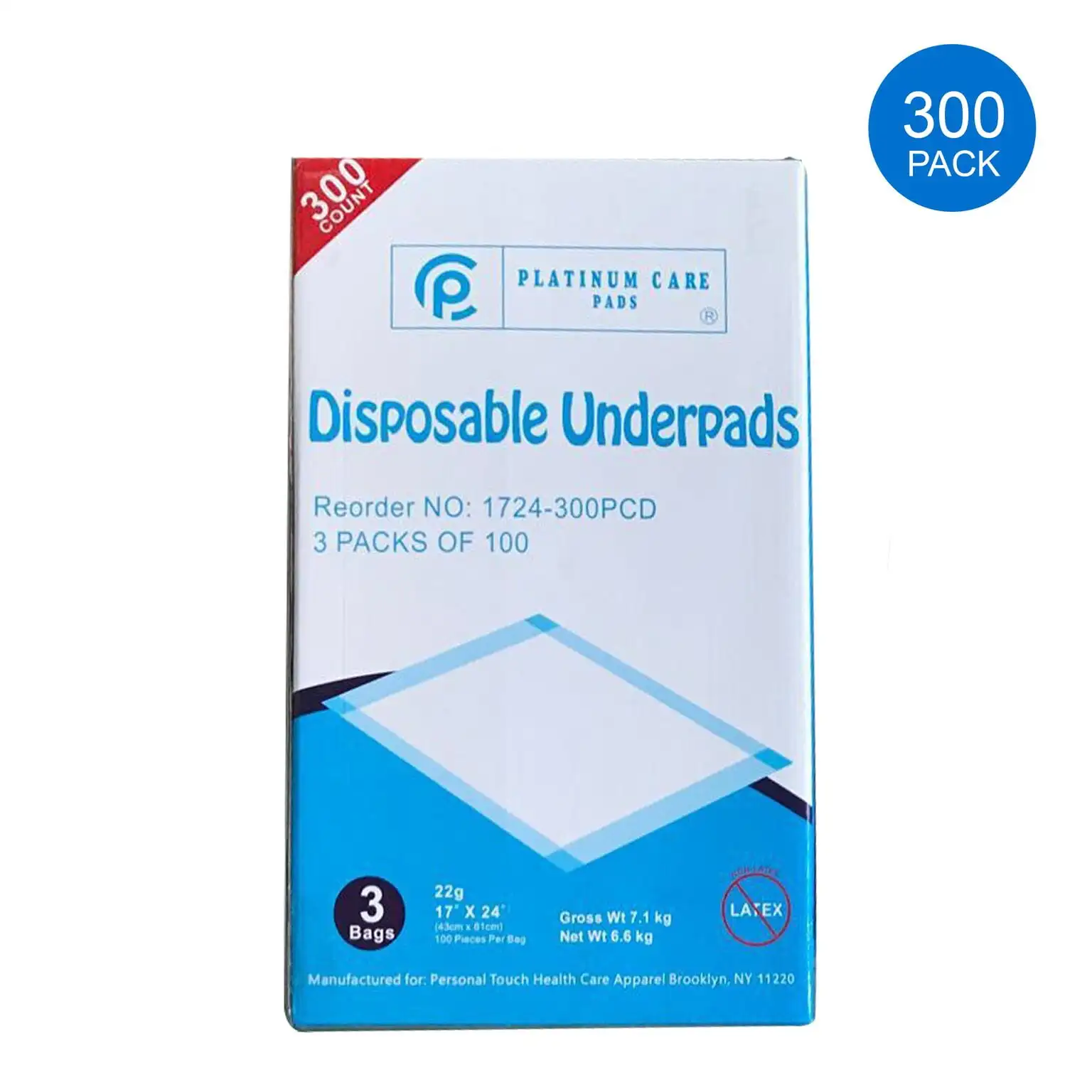 

Disposable Underpads Size 17X24 22 Gram 300 Case (3 Bags of 100)
